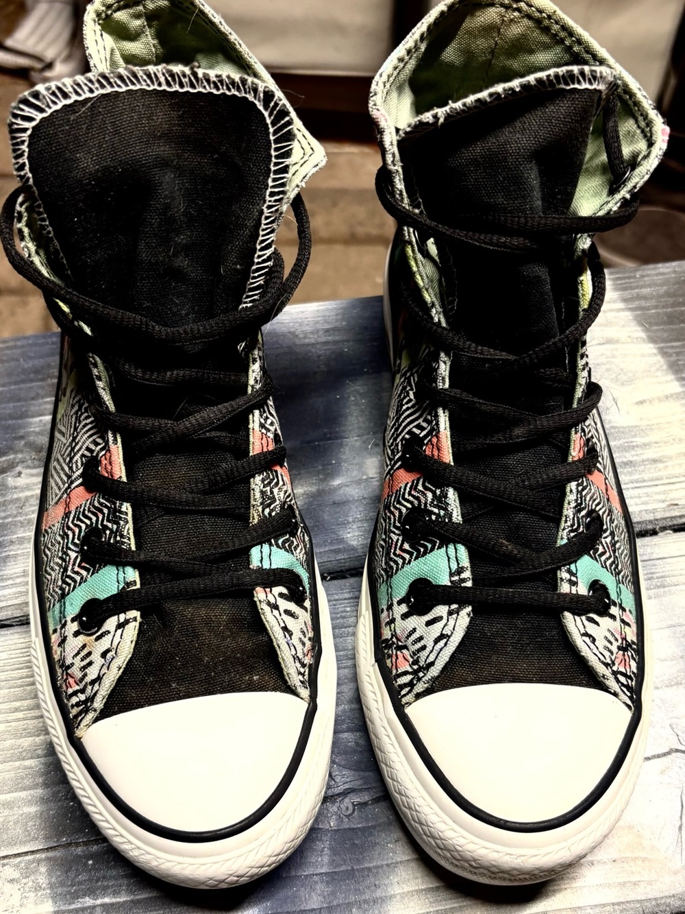 Converse High-Top Canvas Sneakers in Black with Mint & Coral Accents womens 8